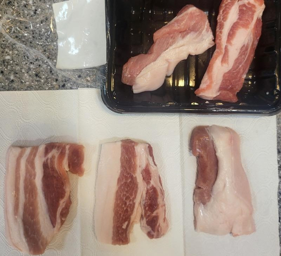 A user criticized the excessive amount of fat on the samgyeopsal, or pork belly, he bought at a department store in Namdong District, Incheon, in a post uploaded to the online community site Bobaedream on Sunday. [SCREEN CAPTURE]