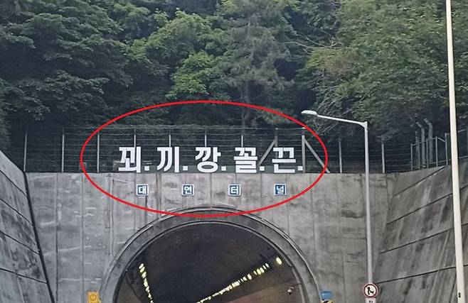 부산 대연터널 위에 설치된 ‘꾀·끼·깡·꼴·끈’ 문구. /온라인 커뮤니티