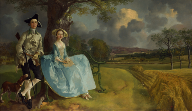 토머스 게인즈버러, '앤드루 부부', 1750년경, 69×119㎝, 런던 내셔널 갤러리. 배경에 보이는 광활한 대지는 모두 그림 속 부부가 소유한 땅이다. 따라서 이 그림은 부부와 부동산을 그린 삼중 초상화다.