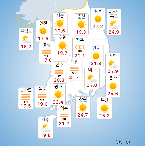 23일 오전 9시 현재 전국 날씨. [사진=기상청 날씨누리]