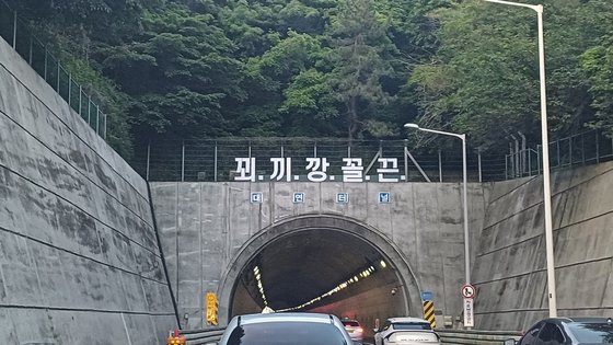 지난 21일 부산 남구 도시고속도로 대연터널 입구 위 설치된 ‘꾀·끼·깡·꼴·끈’ 문구. 사진 온라인 커뮤니티 캡처