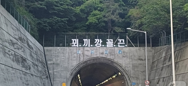 ​부산 도시고속도로 대연터널 위에 '꾀·끼·깡·꼴·끈'이라는 문구가 설치돼 있다. ⓒ온라인 커뮤니티 갈무리​