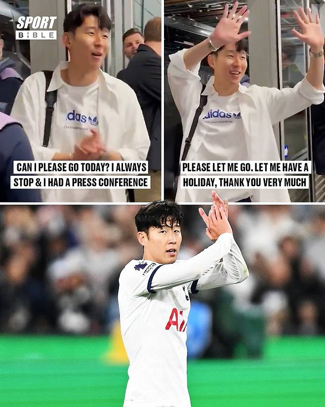 영국 매체 스포츠 바이블이 24일(한국시간) 호주에서 한국으로 귀국하는 손흥민이 호주를 찾은 영국 미디어에 공손하게 인터뷰를 거절하는 모습을 소개했다.&nbsp;  손흥민은 호주 멜버른에서 진행된 2023-2024시즌 종료 후 친선 경기를 마친 뒤, 한국으로 귀국편에 올랐다. 토트넘 관계자들과 인사를 마친 뒤, 출국하기 직전에 호주를 찾은 영국 미디어로부터 인터뷰 요청을 받자, 손흥민은 정중히 거절했다.