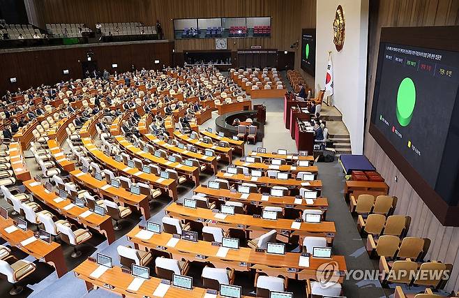 '해병대 채상병 사망사건 수사외압 의혹 특별검사법' 통과 (서울=연합뉴스) 김주형 기자 = 2일 서울 여의도 국회에서 열린 본회의에서 '해병대 채상병 사망사건 수사외압 의혹 특별검사법'이 야당 단독으로 통과되고 있다. 2024.5.2 kjhpress@yna.co.kr