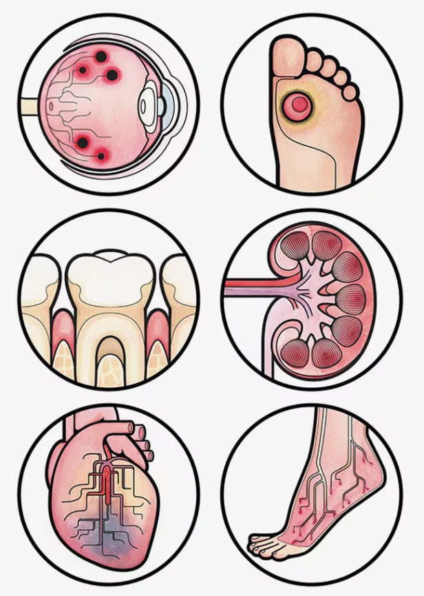 제니 푸라우드풋이 그린 당뇨병 합병증 일러스트레이션. 왼쪽 상단부터 시계 방향으로 망막 변성, 발에 생기는 피부 궤양, 만성 신부전, 말초신경염, 심장 질환, 잇몸병 등 대표적인 합병증을 알리고 있다. /Jenny Proudfoot Illustration