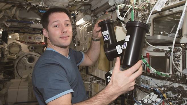 NASA 우주비행사 토마스 페스케가 국제우주정거장(ISS)에서 글로벌 제약사 '머크'의 단백질 결정 성장 실험 시설을 점검하고 있는 모습. 2019년 머크는 ISS에서 면역 항암제 키트루다를 생산하는 실험을 했다. NASA 제공