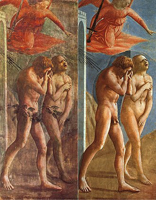 낙원에서 추방되는 아담과 이브의 고통스러운 얼굴을 실감 나게 표현한 이탈리아 화가 마사초 ‘낙원으로부터의 추방’(1425년경). 사진 출처 위키피디아