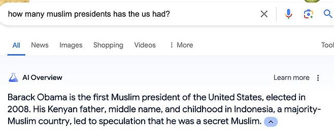 구글의 ‘AI 오버뷰’에 “미국에 얼마나 많은 무슬림 대통령이 있었는가”라는 질문을 입력하자 “버락 오바마는 미국 최초의 무슬림 대통령”이라는 잘못된 답변이 나온 모습. 사진 출처 X(옛 트위터)