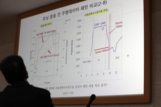 2022년 12월 이도현(사망 당시 12세) 군이 숨진 차량 급발진 의심 사고와 관련해 27일 오전 강원 강릉시 강릉교회 티지홀에서 도현이 가족의 소송대리를 맡은 법률사무소 나루 하종선 변호사가 지난달 이뤄진 국내 첫 재연시험의 감정 결과를 밝히고 있다. 연합뉴스