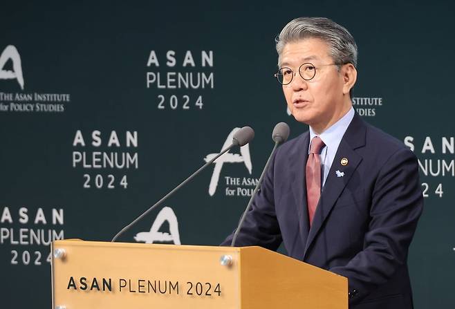 김홍균 외교1차관이 14일 그랜드하얏트 서울에서 열린 '아산플래넘 2024'에서 축사를 하고 있다. 사진=연합뉴스