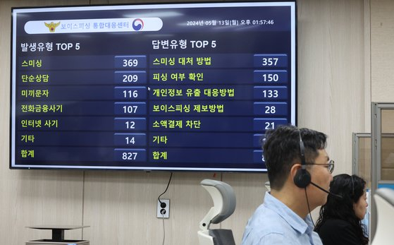 Voice pishing consultants are picking up calls at a voice phising fraud reporting center in Jongno District, central Seoul, on May 13. [NEWS1]