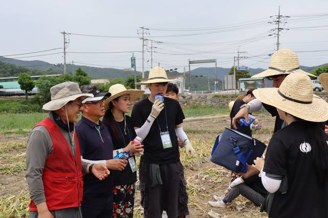 노태윤 합천동부농협 조합장(왼쪽 두번째)이 25일 쌍책면의 한 마늘밭을 찾아 농촌일손돕기에 나선 부경대학교 학생들에게 아이스크림 등을 전달하며 응원하고 있다.