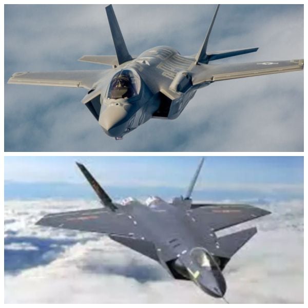 현대 공중전의 제왕이라 할 미국의 F-35 스텔스 전투기(위)와 중국의 J-20 전투기. 군사전문가들은 J-20에 장착된 WS-15 엔진은 F-35의 프랫 앤 휘트니 F135 엔진보다 10년은 뒤진 것으로 본다.