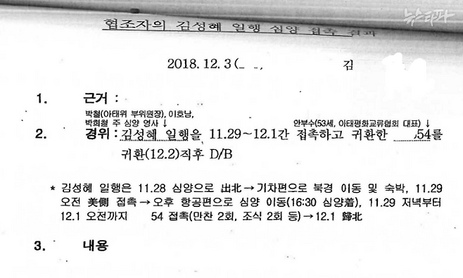 2018년 12월 3일자 국정원 보고서 1쪽. 이호남과 김성혜 등을 만나고 돌아온 협조자 안부수 아태협 회장이 보고한 내용을 적었다. 작성자는 지난해 법정 증인으로 출석한 블랙요원 김 씨다.