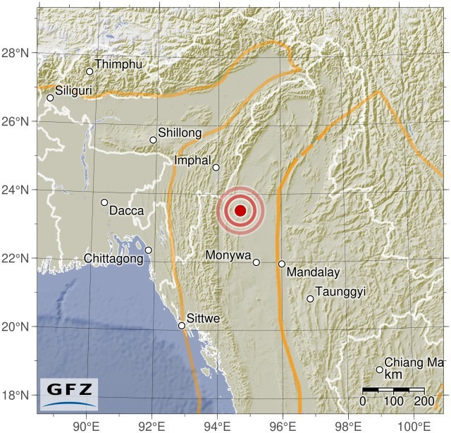 독일 지구과학연구센터(GFZ)가 29일(현지시간) 게시한 미얀마-인도 국경지서 발생한 지진의 진앙 표시도. 2024.05.29/