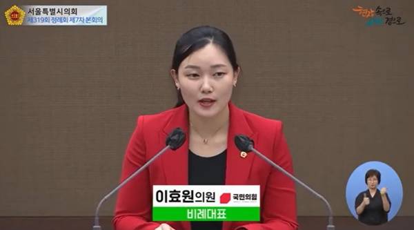 ▲ 이효원 서울시의원. 사진=서울시의회 공식 유튜브 갈무리