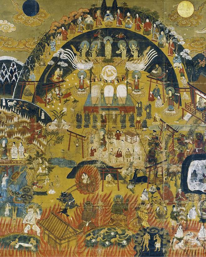 6월 16일까지 호암미술관에서 개최되는 전시는 지난 5월 6일 12점의 작품을 새롭게 교체했다. 그중 하나인 ‘구마노관심십계만다라’. 우측 하단에 ‘월경혈’과 ‘출산혈’의 지옥에 빠진 여성들의 모습이 묘사돼 있다.