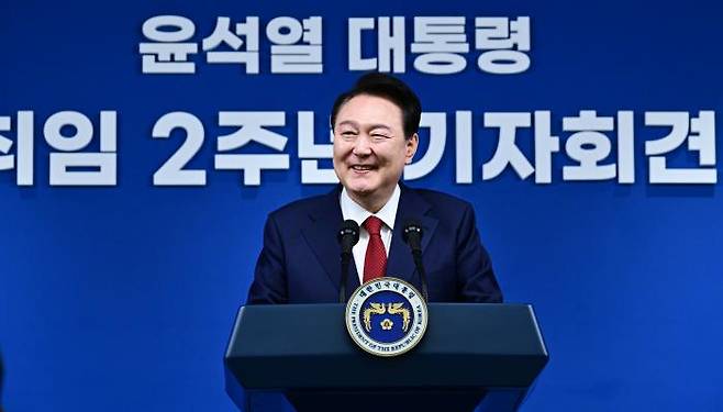 President Yoon Seok-yul delivers a message to the public during the two-year national report and press conference of the Yoon administration at the Yongsan presidential office in Seoul, South Korea, May 9. Presidential Office Photo Corps