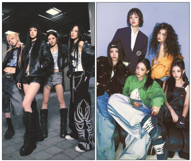 4세대 걸그룹 대표 주자들인 에스파(왼쪽)와 뉴진스가 최근 사흘 차이로 컴백했다. 에스파는 ‘쇠맛’이 느껴지는 첫 정규 앨범 ‘아마겟돈’, 뉴진스는 기존 이지 리스닝 계열의 싱글 앨범 ‘하우 스위트’를 각각 선보였다. [SM엔터테인먼트·어도어 제공]