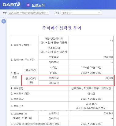 보로노이는 지난 29일 임직원 43명에게 보통주 25만6000주 규모의 주식매수선택권(스톡옵션)을 부여한다고 공시했다. 스톡옵션 행사 기간은 2026년 5월 29일부터 2032년 5월 28일까지이며, 행사 가격은 7만원이다.(자료=금융감독원 전자공시시스템)