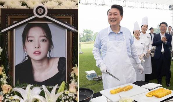 '구하라법' 입법 추진의 계기가 된 고 구하라씨(왼쪽)와 출입기자들에게 대접할 계란말이를 만드는 윤석열 대통령. 한국일보 자료사진·대통령실 제공