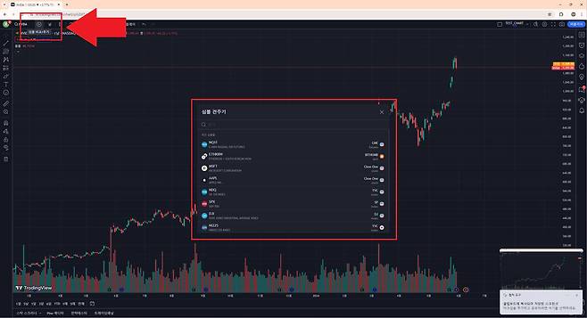 트레이딩뷰 차트 좌측 상단에 더하기 아이콘을 클릭하면 심볼 견주기가 가능하다. / 출처=IT동아