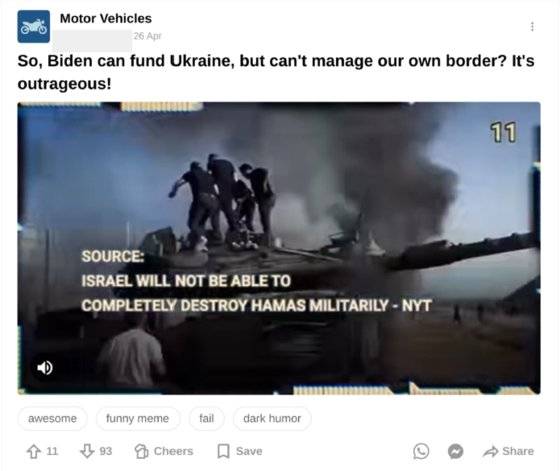 오픈AI가 파악한 여론조작을 위한 SNS 게시물. 오픈AI는 "본문과 영상이 맞지 않는데 혼동된 것으로 추정된다"고 밝혔다. 오픈AI 조사보고서 캡처