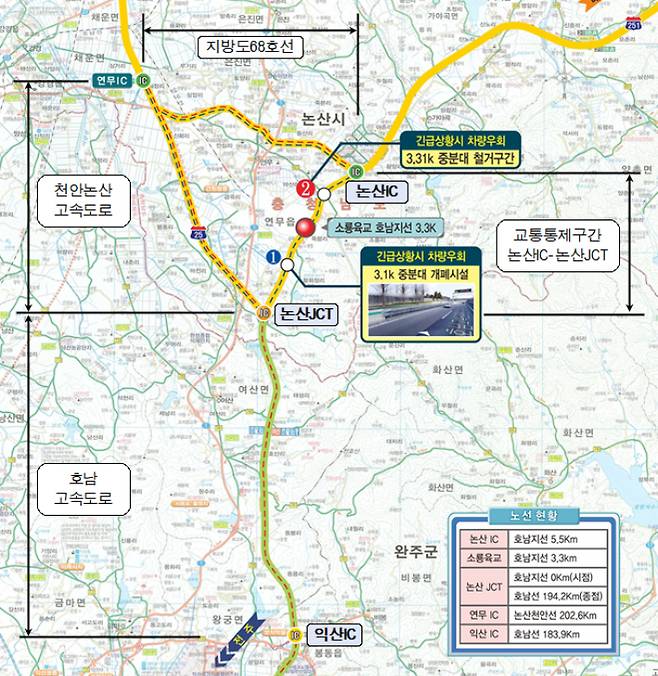 호남고속도로 논산IC~논산 분기점 양방향이 오는 4일 오전 8시와 오후 3시 30분에 각각 15분 동안 통제된다. 우회도로 안내. 한국도로공사 제공