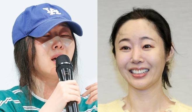 지난달 25일 열린 1차 기자회견에서 울먹이던 민희진 어도어 대표(왼쪽)과&nbsp;여유를 찾은 모습으로 31일 2차 기자회견장에 등장한 그의 모습. 뉴스1