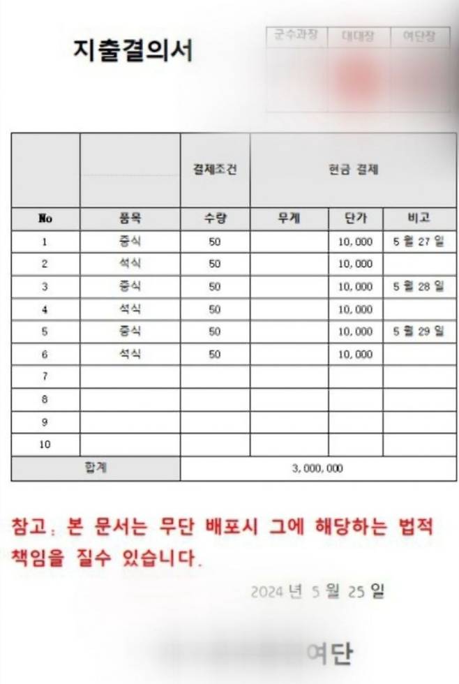 군인 사칭 사기꾼 일당이 식당에 보낸 지출결의서[이미지출처=KBS 보도화면 캡처]