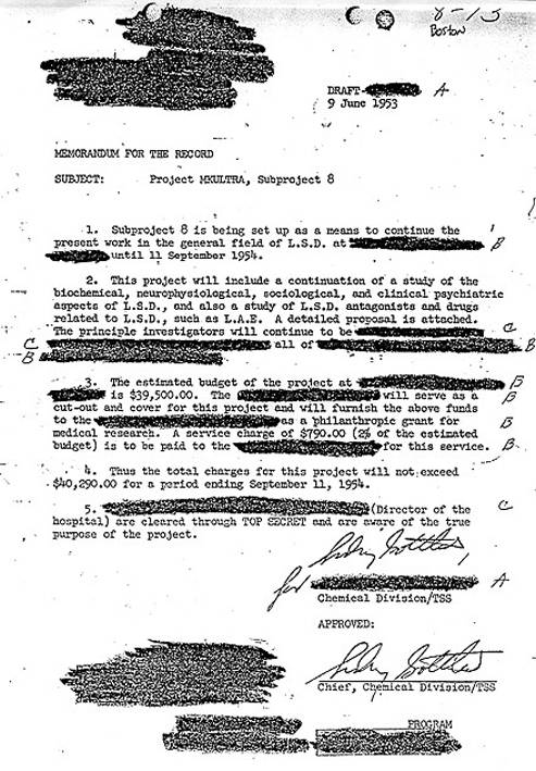 ▲ 미 정보기관 CIA의 심문기법을 다룬 MKUltra 관련 문서. 1953년 6월9일자로 작성된 이 문서는 피의자 심문 때 환각작용을 일으키는 LSD를 활용했다는 내용을 담았다. ⓒCIA