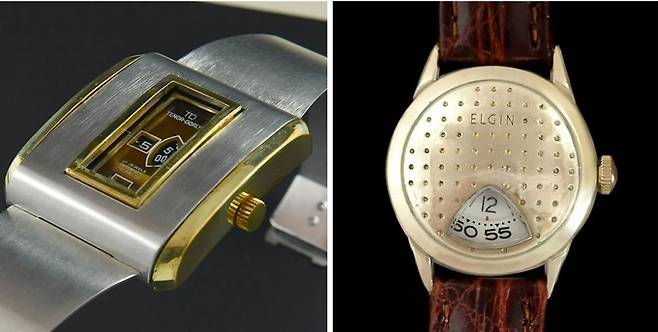 비교적 관리가 잘 된 다양한 점프아워 시계들. 좌측부터 '테너돌리'(Tenor Dorly)의 'Direct Lead Digita', '엘진'(Elgin)의 Golf Ball'.