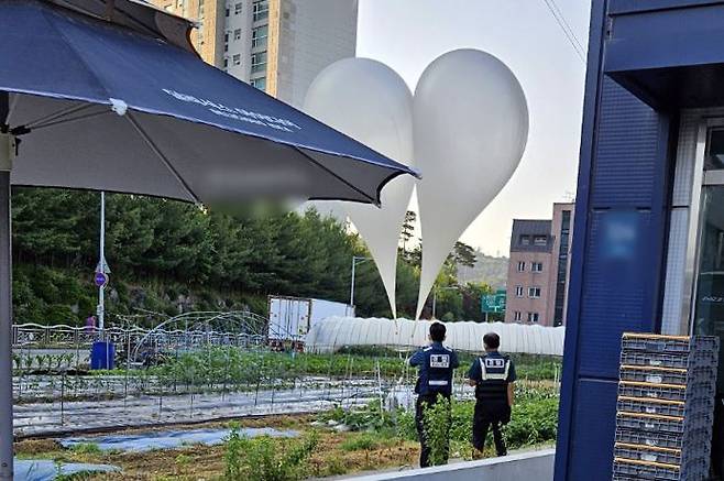 지난달 29일 오전 경기 용인시 처인구의 한 텃밭에서 북한이 날려 보낸 것으로 추정되는 풍선이 발견돼 군과 경찰이 내용물을 조사하고 있다. [이미지출처=연합뉴스(독자제공)]