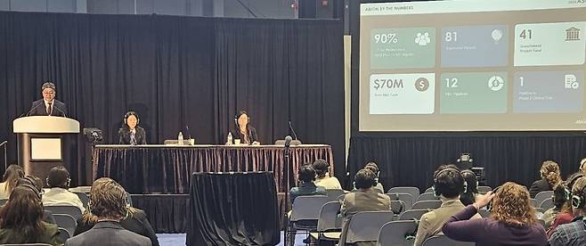 신영기 에이비온 대표이사가 ASCO에서 발표하고 있다./사진=에이비온