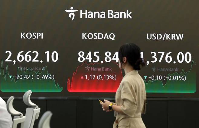 An employee works in the dealing room of Hana Bank in central Seoul. Yonhap News Agency