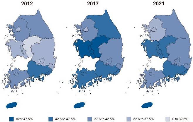 지역별 4.5시간 이내 병원 도착 비율. 전북은 KSR 참여기관 없어 제외.