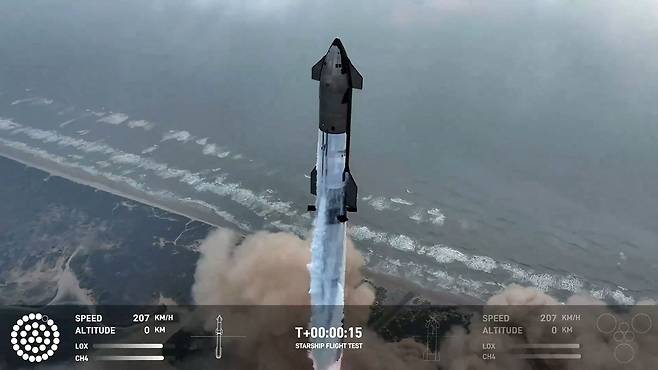 6월 6일 미국 텍사스주 보카치카 스타베이스에서 스페이스X 스타십이 발사되고 있다./SpaceX/AFP 연합뉴스