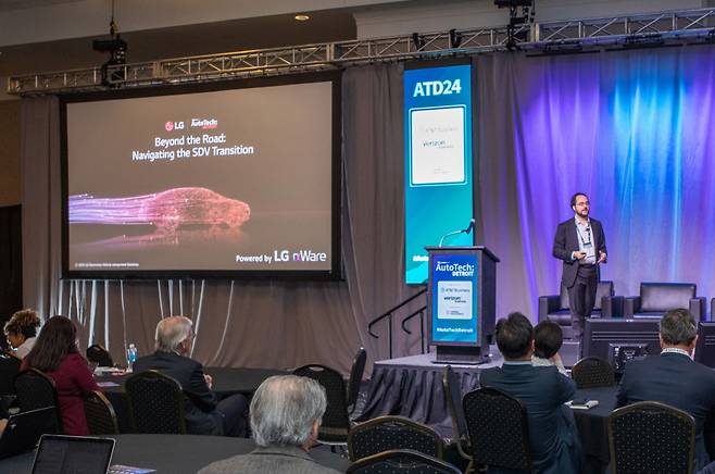 Valentin Janiaut, software solutions leader at LG Electronics' Vehicle component Solutions, speaks at AutoTech: Detroit 2024 in Novi, Michigan, on Wednesday. (LG Electronics)