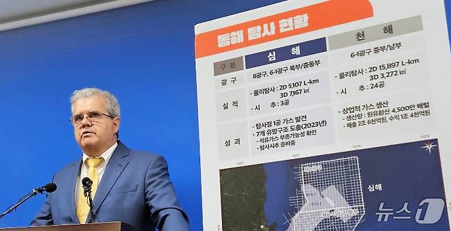 포항 영일만 일대에 석유 및 가스가 매장돼 있을 가능성이 높다고 분석한 액트지오(Act-Geo)의 비토르 아브레우(Vitor Abreu) 고문이 7일 산업통상자원부 기자실에서 기자회견을 하고 있다. /2024.6.7/ⓒ News1 김기남 기자