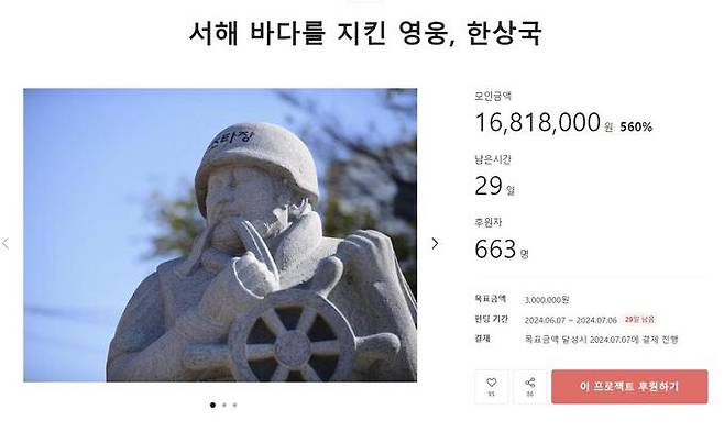 한상국 상사 추모 관련 소셜 펀딩. 국민의힘 한동훈 전 비상대책위원장의 소개 이후 모금액이 크게 늘었다. 모금 사이트 홈페이지 캡처