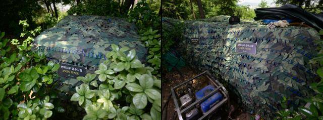 봉산 편백나무 조림지에는 구석구석 물탱크와 양수기 등 인공 급수시설이 위장막에 덮인 채 설치돼 있다.