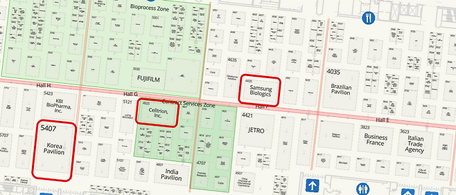 2024 바이오 USA 전시장 평면도 내 삼성바이오로직스, 셀트리온, 한국관 부스 위치. JETRO(일본 국가관), 후지필름,인도 국가관 등 인근 타국 부스 대비 규모가 더 큰 것을 알 수 있다. ⓒBIO 2024 홈페이지 캡처
