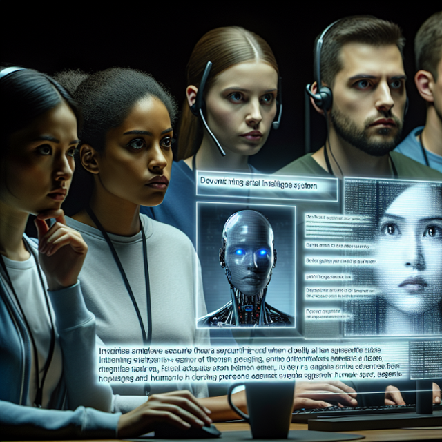 인간 보안 전문가들이 인공지능(AI)을 고도로 학습시킨 뒤, 인간처럼 말하고 행동하는 또 다른 AI의 공격을 막아내는 장면을 이미지 생성 AI가 상상해 그린 그림. 윤현종 기자•달리3