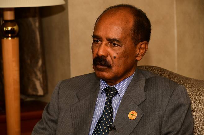 Eritrean President Isaias Afwerki speaks during his interview with The Korea Herald on Friday in Seoul, during his trip to attend the first Korea-Africa Summit in South Korea. (Office of President Isaias Afwerki)