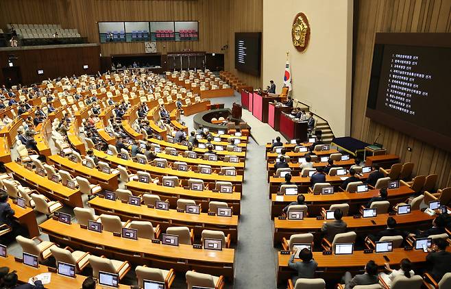 10일 국회 본회의장에 국민의힘 의원들의 자리가 비어있는 가운데 상임위원장 선출 안건이 상정되고 있다. [연합]