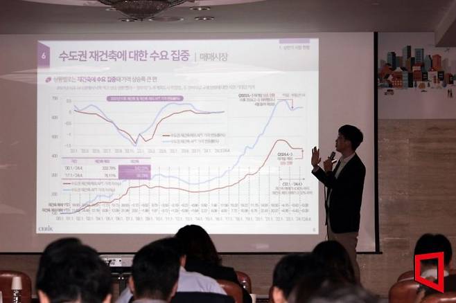 11일 건설산업연구원이 개최한 ‘2024년 하반기 건설·부동산 경기전망 세미나’에서 김성환 건산연 부연구위원이 하반기 주택 부동산 경기 전망을 발표하고 있다.