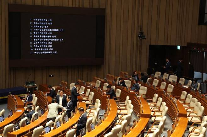 10일 국회 본회의에서 국민의힘 의원들의 자리가 빈 채 상임위원장 선거가 진행되고 있다. ⓒ뉴시스