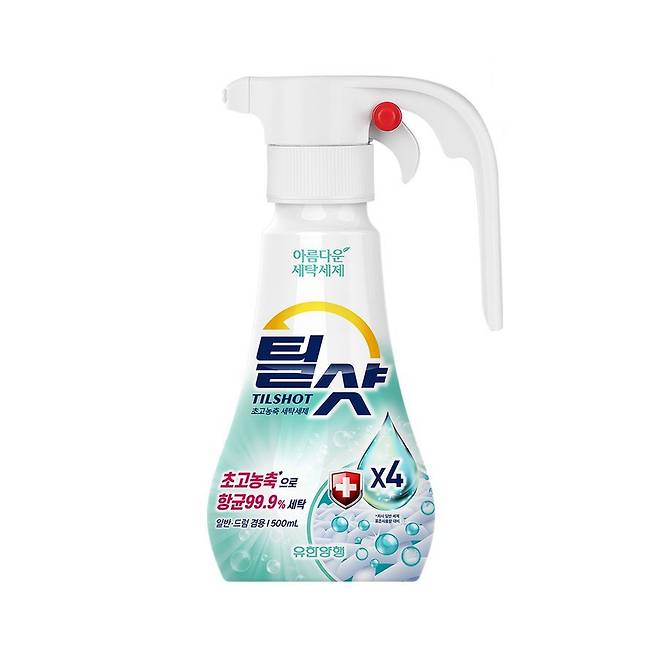 아름다운 세탁세제 틸샷 겸용 - 저점도 세제가 한 번에 5mL 토출돼 빨래 2kg 기준 일반 세탁기엔 2번, 드럼세탁기엔 한 번만 펌핑하는 4배 농축 세제. 효소 7종 함유. 500mL 1만9백원.