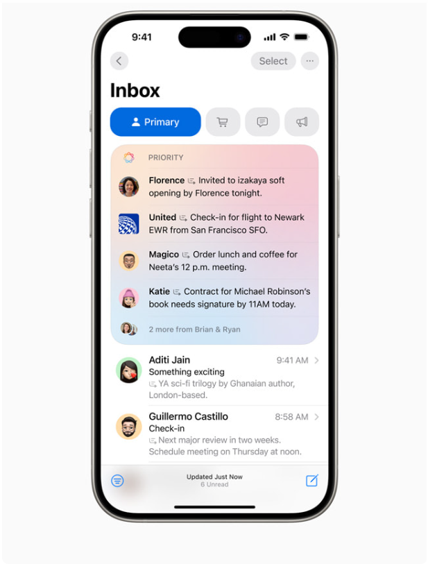 메일 앱의 최우선 메시지 기능은 받은 편지함 최상단에 새롭게 추가되는 섹션에서 가장 시급한 이메일을 표시해 준다. ⓒ애플