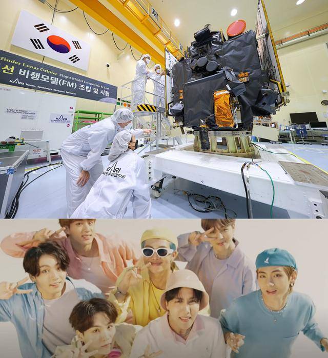 2022년 6월 6일 우리나라 최초 달 탐사선인 '다누리'가 8월 5일 발사에 앞서 대전 유성구 한국항공우주연구원에서 최종 점검을 받고 있는 모습.(위 사진) 다누리는 탑재된 우주인터넷 탑재체를 통해 방탄소년단(BTS)의 '다이너마이트' 뮤직비디오를 지구로 전송하는 데 성공했다. 한국항공우주연구원·빅히트 엔터테인먼트 제공